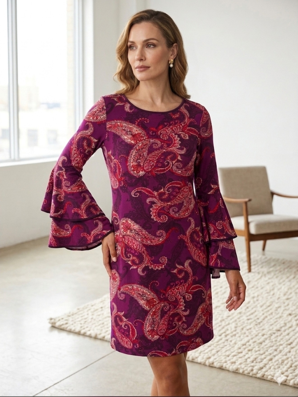 Ronni Nicole Purple & Red Paisley Bell-Sleeve Shift Dress